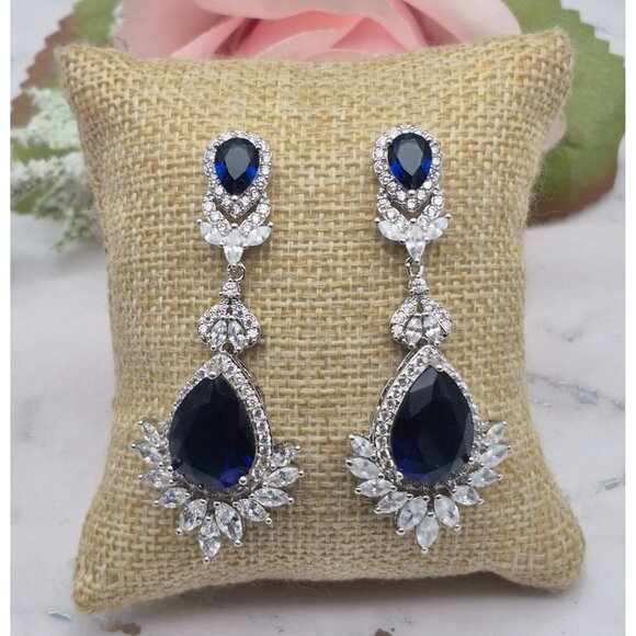 Runway Statement Drop Chandelier Earrings Silver Tone & Blue Crystal Formal Prom - Picture 1 of 6